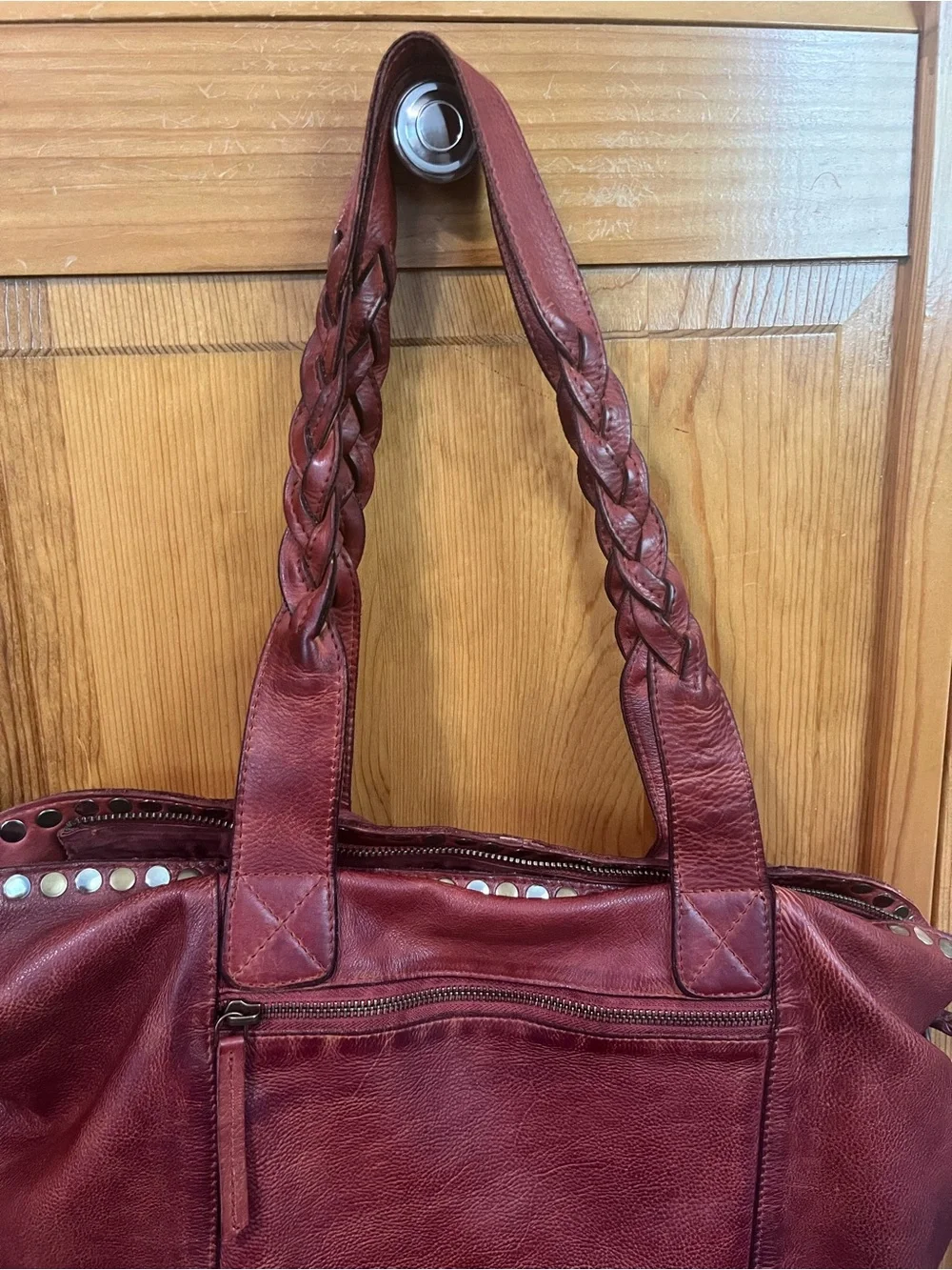 Leather Stud-Trim Tote with Braided Handles - Rust Red